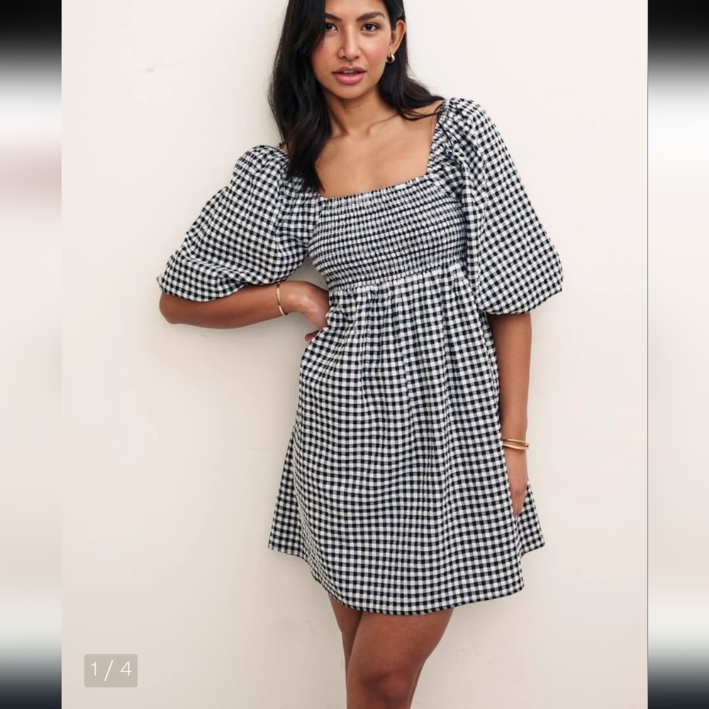 Nobody's Child Gingham Smocked Puff Sleeve Babydoll Mini Dress Sz 0 Cottagecore